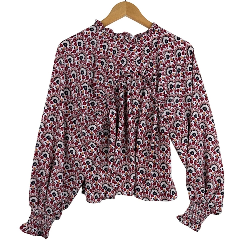 Entro Floral Print Mock Neck Boho Long Sleeve Blouse size Medium Red/Black